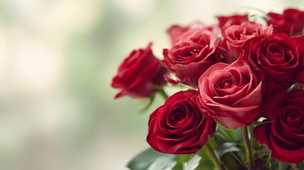 Obraz premium close up of red roses bouquet with soft light elegant romantic background copy space