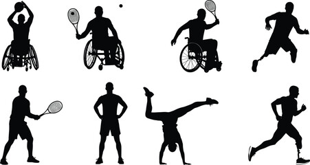 Inclusive sports silhouette set, wheelchair athletes, prosthetic runner, tennis and gymnastics poses, black vector illustration, adaptive fitness, diverse movement design