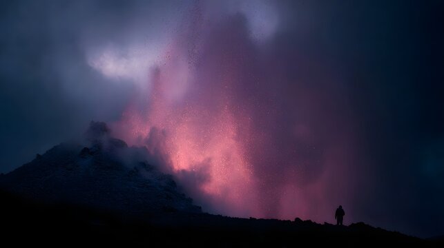 Dramatic volcanic eruption at dusk with glowing lava and a lone observer silhouetted on a ridge