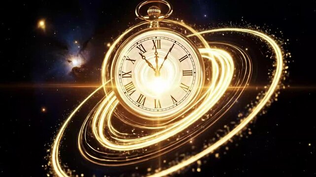 Dynamic golden clock orbits against cosmic backdrop in motion graphic video