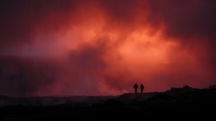 Two silhouetted figures stand on a desolate rocky landscape observing a dramatic fiery sky filled with smoke and ash at twilight
