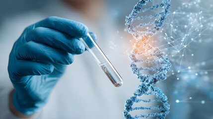 laboratory scientist holding test tube with DNA model background innovation theme