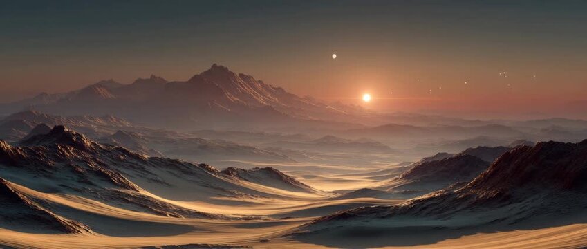 Vast desert mountains at sunset with soft shadows