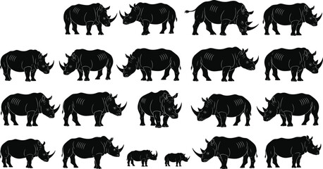 Rhinoceros silhouette set, adult and baby poses, black vector illustration, wildlife icon collection, safari animal design, strong creature theme, minimal style