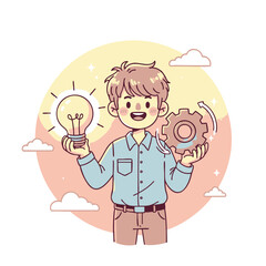 Cartoon character balancing a brilliant lightbulb with a rotating gear, symbolizing the synergy between innovative ideas and efficient implementation for business success
