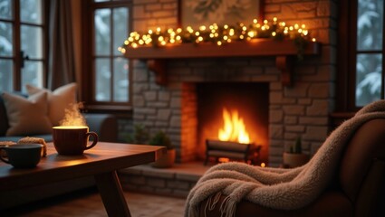 Cozy fireplace warmth, steaming mug, winter comfort awaits