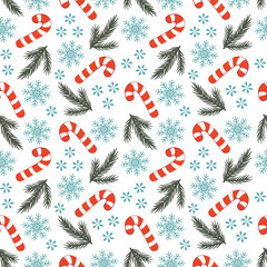 Christmas candy cane and pine branch seamless vector pattern