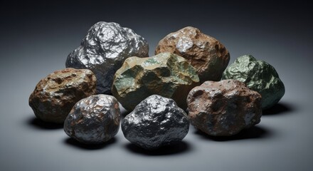 A collection of various 3D-rendered raw ore nuggets, including silver, iron, and green copper, piled on a grey studio background.