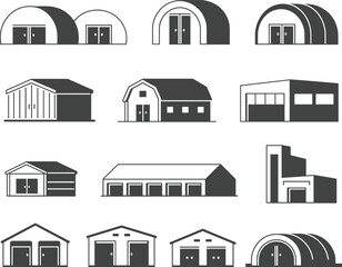 Industrial warehouse and barn vector icons, modern storage buildings, factory facilities, garage illustrations, editable black and white silhouette set
