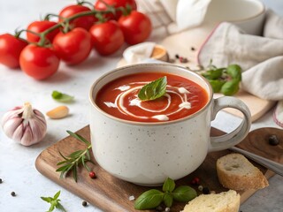 Delicious Tomato Soup in a Mug with Fresh Ingredients and Cream Swirl