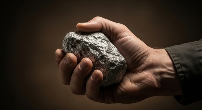 A close-up of a person's hand in a dark shirt sleeve, clenching a heavy, unrefined platinum or silver ore nugget against a dark background.