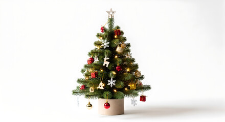 Small Decorated Mini Christmas Tree with Lights and Baubles on White