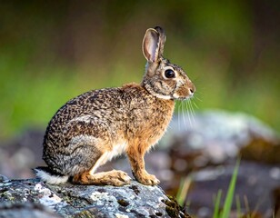 Fototapeta premium A wild cottontail rabbit, watchful and poised, perches on a weathered rock