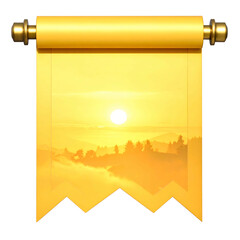 Golden scroll-like emblem displaying a sunrise landscape with foggy terrain
