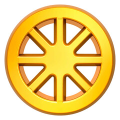 Golden, 3D-rendered wheel symbol with eight spokes and rounded rim against a black background
