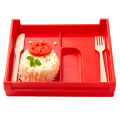 Red tray with rice, tomato, parsley, knife, fork, and empty compartment