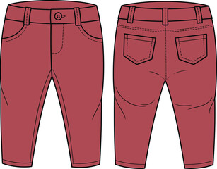 Kids pants CAD flat sketch with waistband, back patch pockets, front button closure, denim style design, technical vector drawing