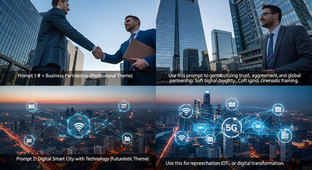 Business partnership handshake with city skyline digital smart city with technology futuristic theme representing trust agreement and global partnering