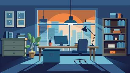 Office room with furniture at sunset
