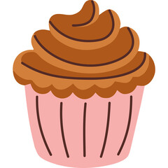 Pink cupcake with swirled chocolate frosting and scalloped brown wrapper isolated on a transparent background