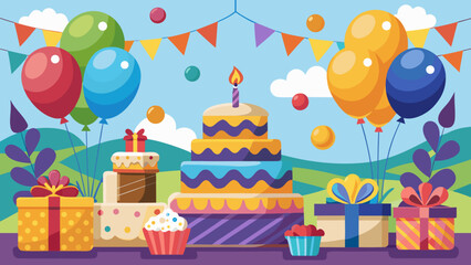 Birthday cake and gift with balloon party