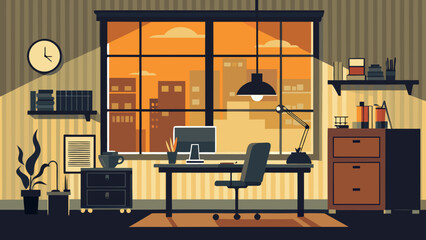 Cozy home office with city view at sunset