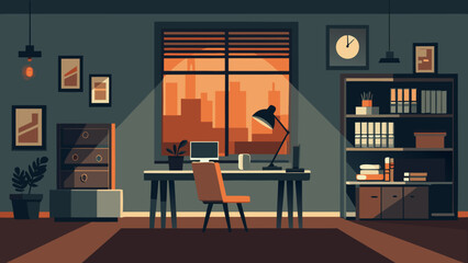 Modern workspace with city view at sunset