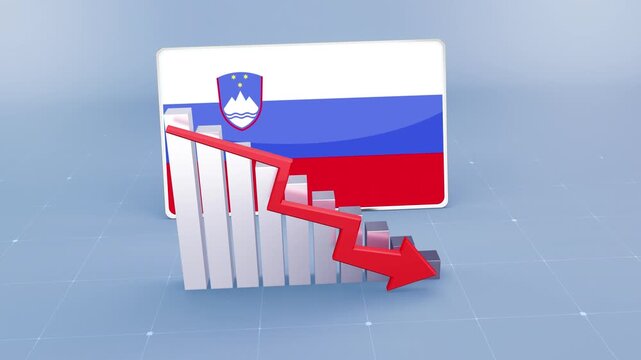 Slovenia Flag and Bar Chart Graph Showing Decreasing Values a Red Arrow Economic Crisis Concept