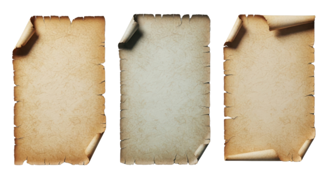 Set of three old parchment paper sheets with curled edges isolated PNG with Transparent Background