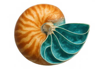 Nautilus shell showing a cutaway view with an intricate internal spiral structure and fibonacci pattern on transparent background