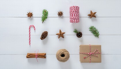 Winter holiday flat lay concept with Christmas decorations, gift wrapping supplies, and natural elements like spices and pine cones on a white wood background