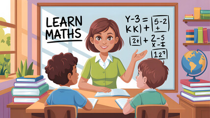 Teacher explaining math to students in classroom educational illustration for children learning and teaching concept