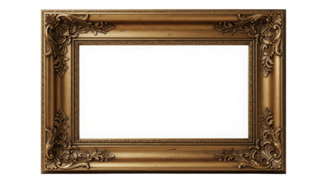 Ornamental empty picture frame in gold isolated PNG with Transparent Background