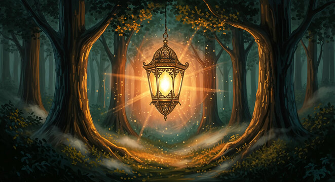 Enchanted forest lantern glowing with magical light, casting warm rays through mystical trees and fog
