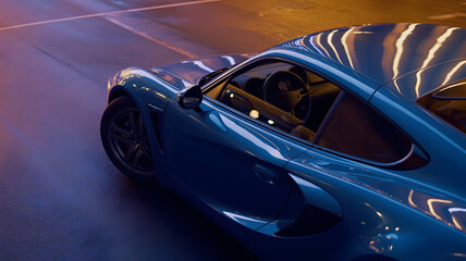 Sleek blue sports car parked at night showcasing modern design and luxury automotive engineering
