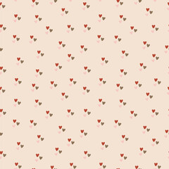 Seamless pattern with small red, pink, and green  hearts on beige background. Cute romantic vector design perfect for Valentine’s Day, wedding decor, wrapping paper, textiles, or love-themed projects.