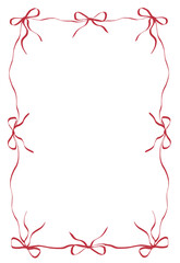 Obraz premium Elegant vector frame made of delicate red ribbon bows. Minimalist hand-drawn border design perfect for greeting cards, invitations, romantic decoration, packaging, or wedding stationery.