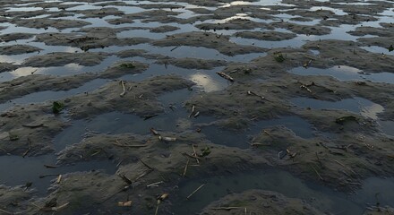Mudflats low tide Pools of water amidst gray mud and scattered debris