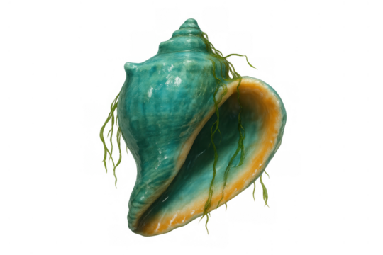 Conus seashell with seaweed growing on it, spiral structure from the ocean, marine life object on transparent background