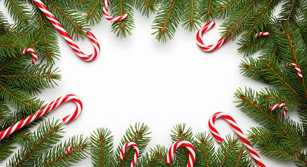 Christmas and New Year Border with Pine Branches and Candy Canes on White