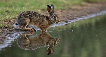 Obraz premium A wild hare cautiously drinks from a calm body of water, observing its reflection with intent