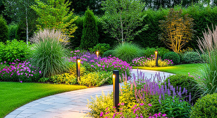 Obraz premium A winding garden path surrounded by colorful flowers, shrubs, and illuminated by subtle landscape lighting during evening.