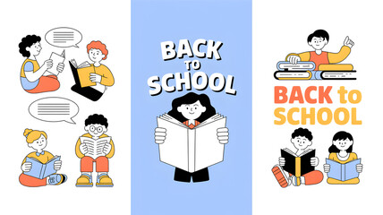 Back to school vector illustration set diverse students reading books flat design for education and learning resources