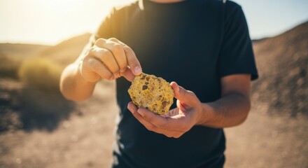 A close-up of a man's hands inspecting a large, raw yellow sulfur (brimstone) rock in a sunny, arid desert, symbolizing prospecting and discovery.