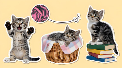 Playful tabby kitten stickers cute domestic animals in various poses perfect for scrapbooking and childrens designs