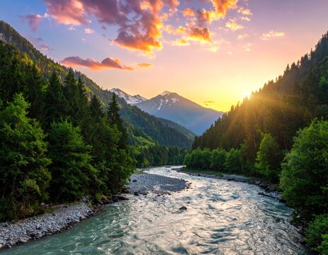Scenic mountain valley with river at sunset, lush green trees