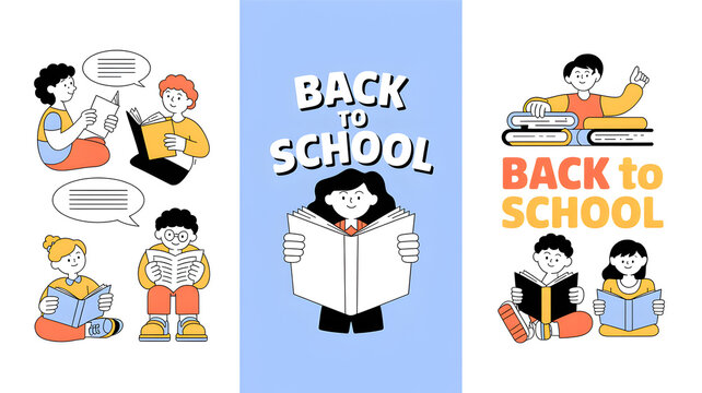 Back to school vector illustration set diverse students reading books flat design for education and learning resources