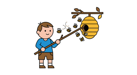 Illustrated mischievous boy pokes a beehive with a stick causing bees to swarm from their nest