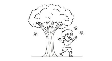 Cartoon illustration featuring a boy interacting with bees near a tree in springtime showing a