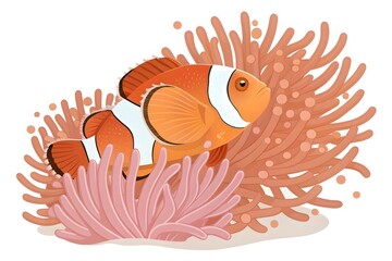 Illustrated Clownfish Swimming Among Sea Anemones in Vibrant Colors